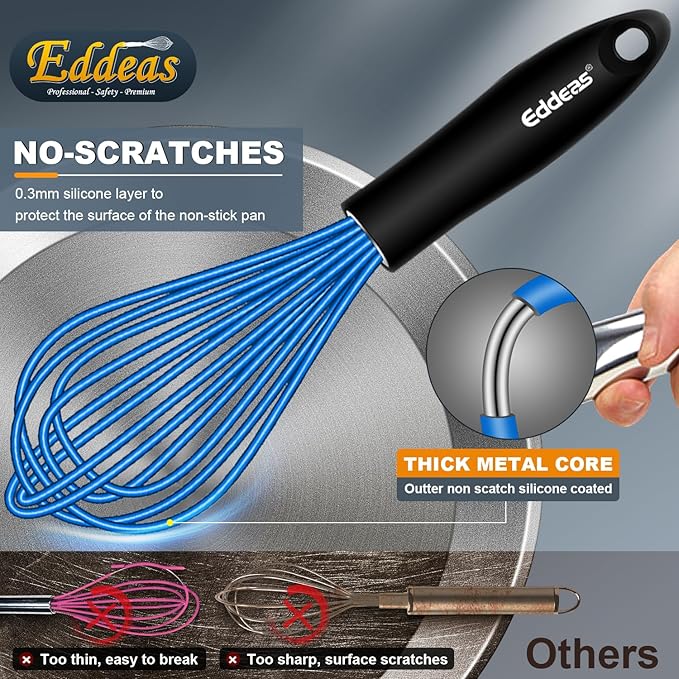 Eddeas Silicone Whisk, Non Scratch Whisk for Cooking, 5+7+9+11in Balloon Whisks, Suitable for Mixing, Blending. 11in Flat Whisks great for Ceramic Coated pans and Wider shallower pots. (Blue)