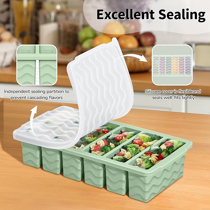 2-Pack Silicone Freezer Trays with Lid, 2 Large 2-Cup(500ml) & 6 Small 1/2-Cup(125ml) Soup Freezer Container Molds, Ice Cube Tray For Meal Prep & Freezing Soup, Stews, Sauces, Oven & Dishwasher-Safe