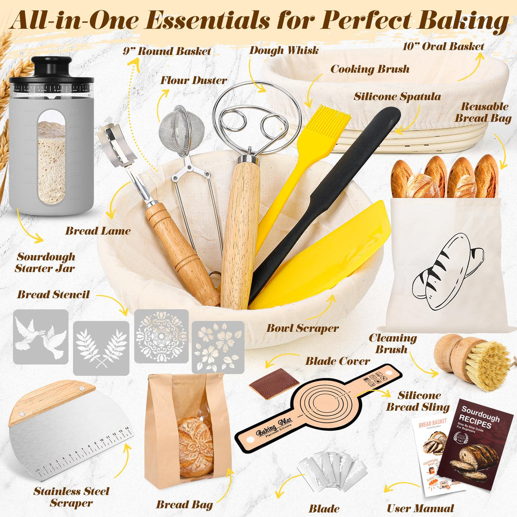 Sourdough Starter Kit with Sourdough Starter Jar, 9"Round and 10"Oval Rattan Banneton Bread Proofing Basket Set, Sourdough Baking Tools, Bread Making Supplies Gift for Bakers