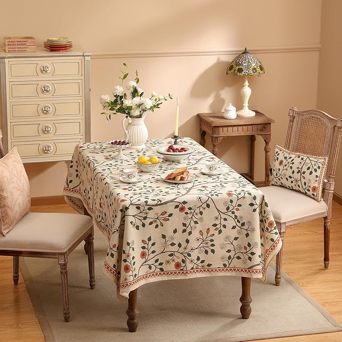 ISAENNE Vintage French Linen Rectangular Tablecloth,102"x63"-Flora A