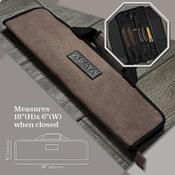 Asaya Chef Knife Roll Bag - 12-Pocket Chefs Case for Kitchen Knives and Utensils, Lightweight Stain-Resistant Waxed Nylon Chef Knife Bag - Knives Not Included (Brown)