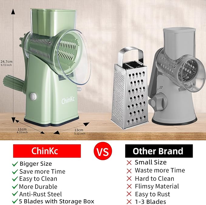 ChinKc Upgrade Rotary Cheese Grater Shredder with Handle, Strong Suction Base, Multi-purpose Rotary Grater Slicer with 5 Interchangeable Blades for Ice, Vegetables, Fruit, Nuts with Blade Storage Box