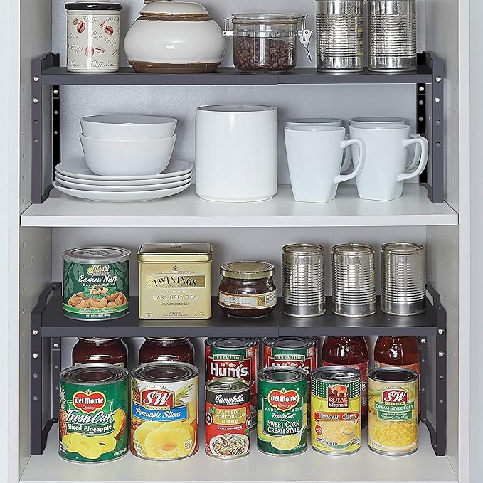 Jojocross Expandable Shelf for Cabinet Organizer Adjustable Stackable Spice Rack at Kitchen and Bathroom More, Counter Countertop Cupboard Organization Pantry Storage(LARGE/1PACK/BLACK)