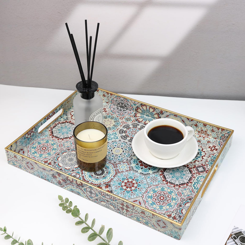 Spsyrine Decorative Serving Tray with Handles, Lacquered Coffee Table Tray for Ottoman, Rectangular Waterproof Platters for Centerpieces, Parties, Living Room, Kitchen Counter Organization SP3040RE2