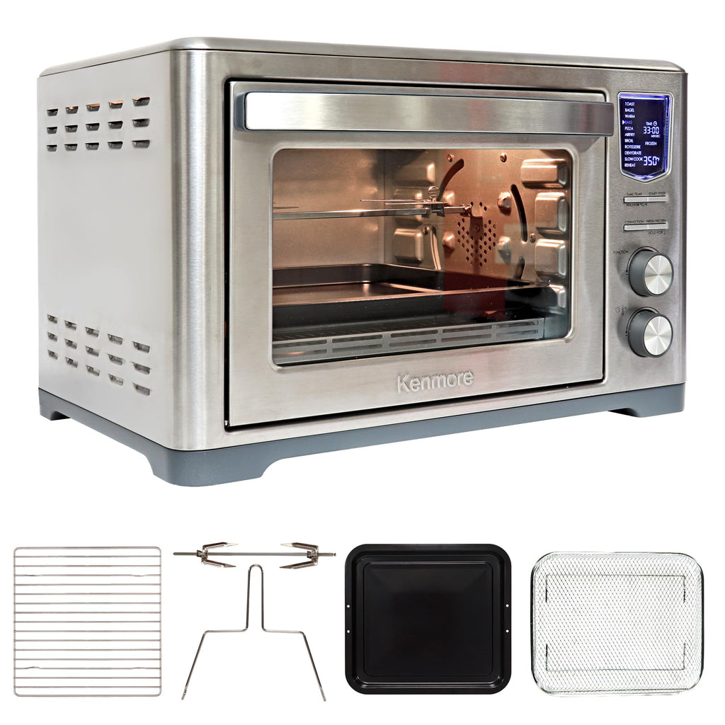 Kenmore Digital 11-In-1 Air Fryer Toaster Oven Combo 25 Qt Convection Rotisserie Dehydrator Bake Broil 1800 Watts 80°-450°F Temp Controls Top & Bottom Heater Adjustments Stainless Steel Large Capacity