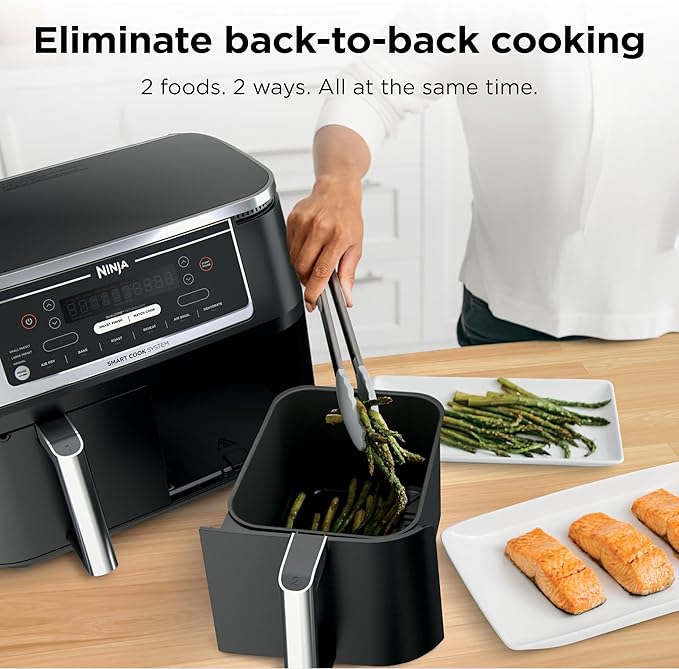 Ninja DZ550 Foodi 10 Quart 6-in-1 DualZone Smart XL Air Fryer with 2 Independent Baskets, Cook Thermometer for Perfect Doneness, Match and Finish to Roast, Dehydrate and More, Black