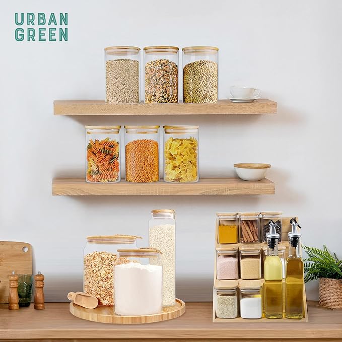 Urban Green Glass Jars with Airtight Lids, Airtight Glass Canisters with Locking Lids, (Bamboo-20oz-30oz)