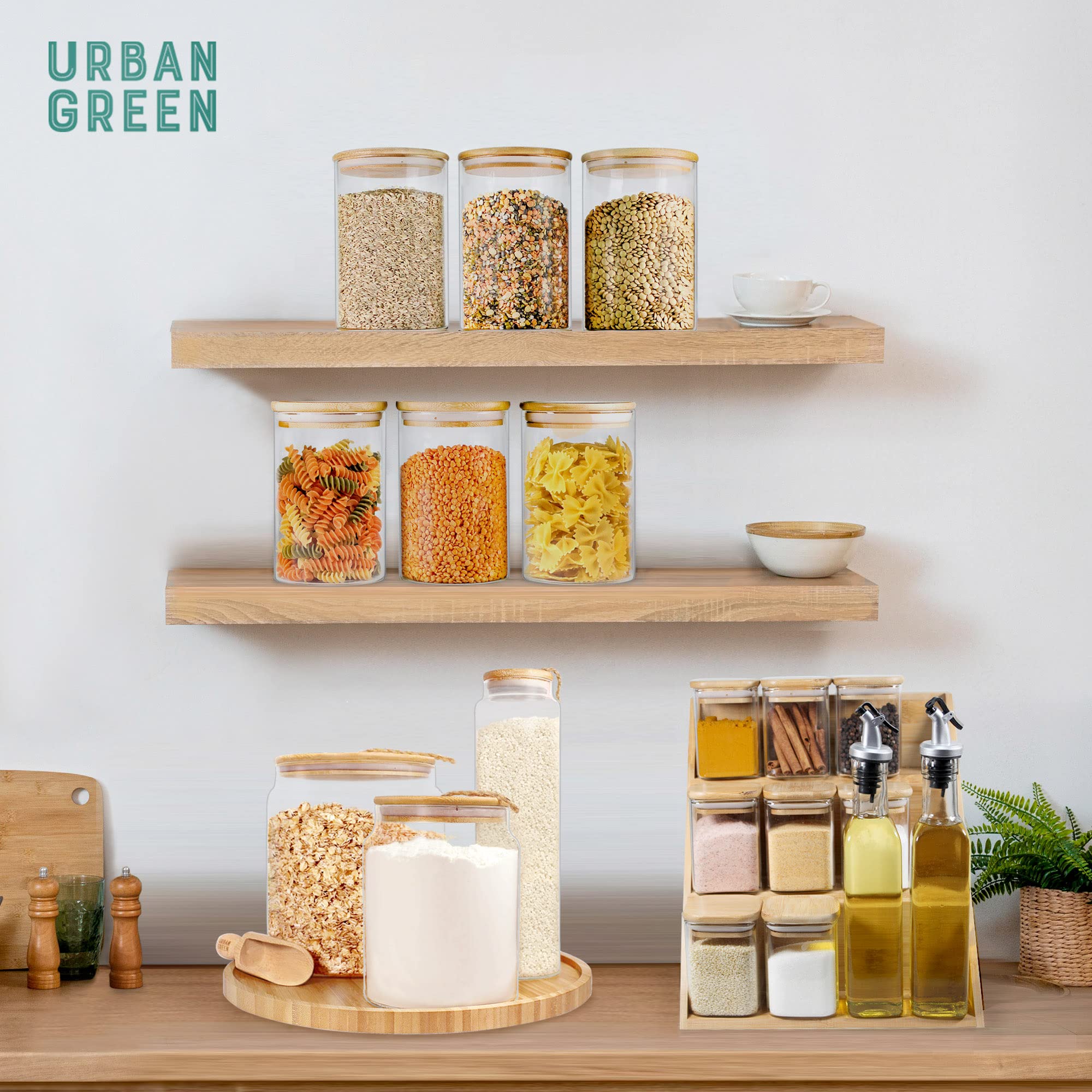 Urban Green Glass Jars with Airtight Lids, Airtight Glass Canisters with Locking Lids, (Bamboo-20oz-30oz)