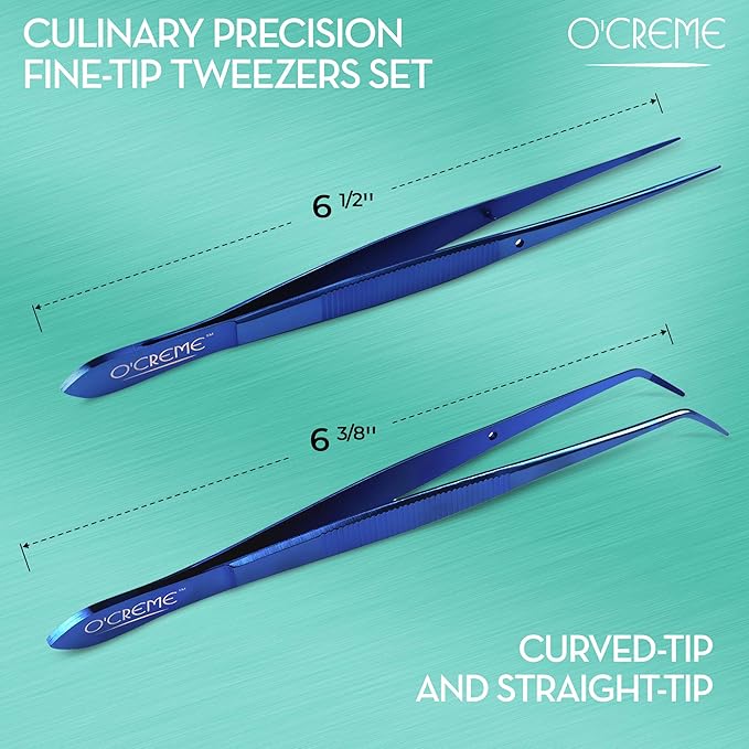 O'Creme Stainless Steel Culinary Tweezer Tongs, Curved & Straight