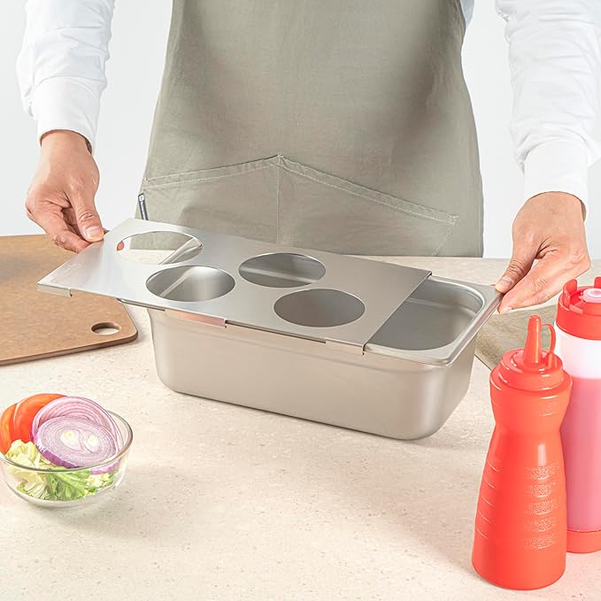 Restaurantware Squeeze Bottle Organizer Top 1 Count 12.79 x 7.09 x 0.39 Inches Stainless Steel Bottle Holder - Four Hole Condiment Rack - Silver Kitchen Organizer for Food Prep