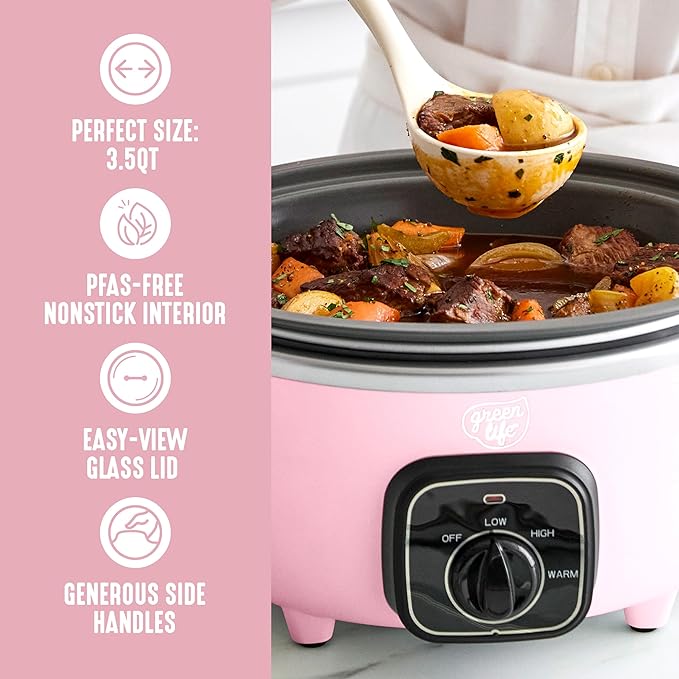GreenLife 3.5QT Ceramic Nonstick Slow Cooker, Cooktop/Oven Safe, Pink