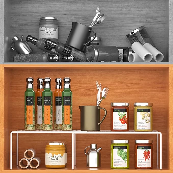 GEDLIRE Kitchen Cabinet Expandable Shelf Organizers Set of 6, Adjustable Metal Wire Pantry Storage Shelves, Plate Dish Organizer Rack for Cabinets, Cupboard, Counter, Freezer, Countertop, White