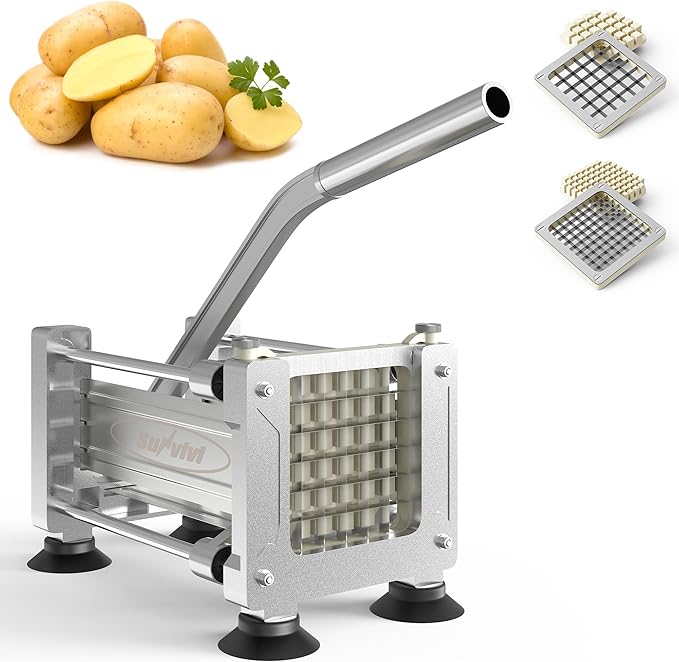 Sunvivi French Fry Cutter Stainless Steel Potato Slicer: with 2 Replaceable blades (1/2 & 3/8 Inch), Professional Fries Cutter for Potatoes, Carrots, Cucumber, Onion, Yam