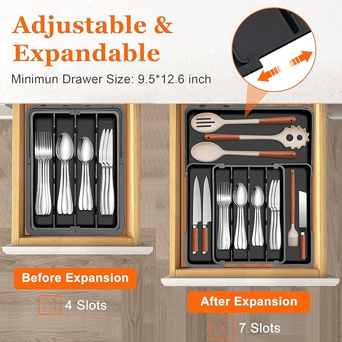 Spaclear Silverware Organizer - Expandable Kitchen Drawer Organizer, Utensil Drawer Organizer, Adjustable Plastic Flatware and Cutlery Holder, Kitchen Organizers Storage for Forks Knives, Black