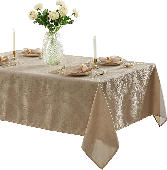 Newbridge Barcelona Luxury Damask Fabric Tablecloth, 70” Extra Wide x 90” Rectangle, Golden Beige, 100% Polyester, No Iron, Soil Resistant Dining Room, Party and Banquet Table Cover