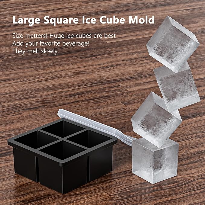 Bangp Large Ice Cube Tray for Whiskey,Silicone Ice Cube Trays 2 Pack,Large Ice Cube Molds with Leak Proof Removable Lid,Square Ice Cube Tray for Whiskey and Cocktail