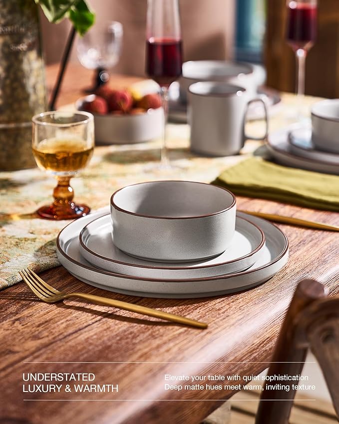Famiware Nebula Ridge 12-Piece Stoneware Dinnerware Set, Light Gray