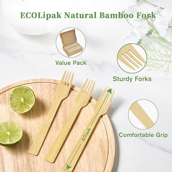 ECOLipak 300 Count Disposable Compostable Bamboo Forks for Party, Dinner