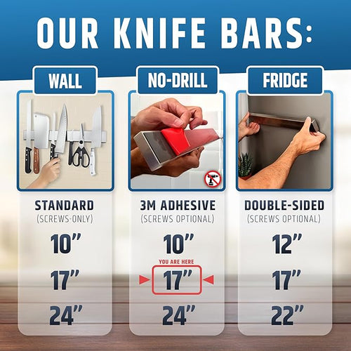 17" Strong Adhesive (No Drill) Magnetic Knife Holder for Wall - Professional Knife Strip - No Screws Needed - Adhesive Backing - Stainless Steel Knife Bar (Upgraded Version – Will Not Fall)