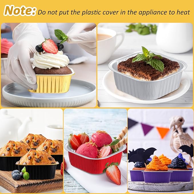 Aoriher 150 Pcs 10 oz Mini Cake Pans with Lids Aluminum Foil Baking Cup Disposable Square 4 x 4 Large Baking Tin, Muffin Pan Cheesecake Kitchen Brownie Pudding Desserts Holder(Multicolor)