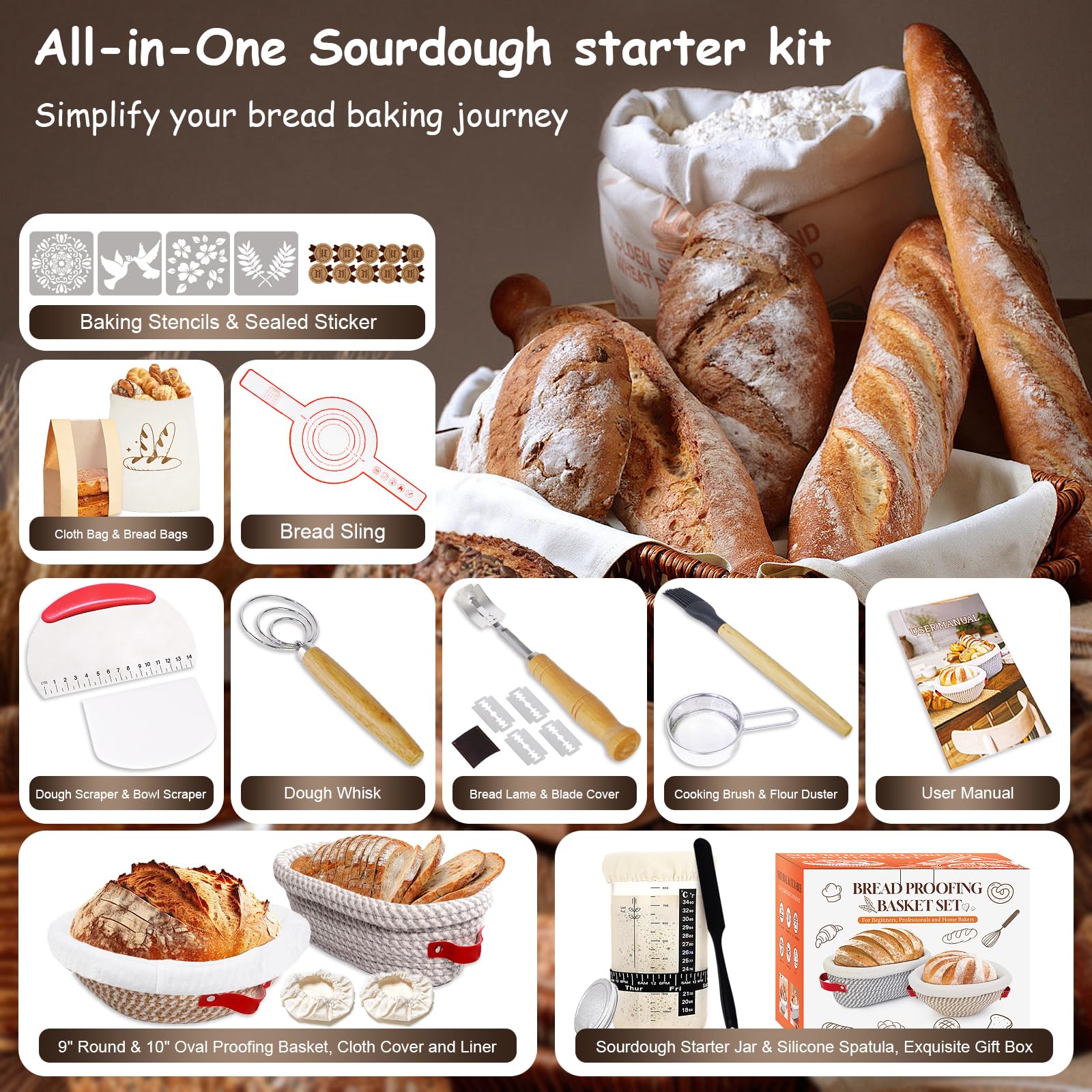 Sourdough Starter Kit, Sourdough Bread Baking Supplies, Cotton Rope Banneton Bread Proofing Basket Set with Sourdough Starter Jar for Bread Making Baking, Sour Dough Kit Tools Gifts for Bakers Women