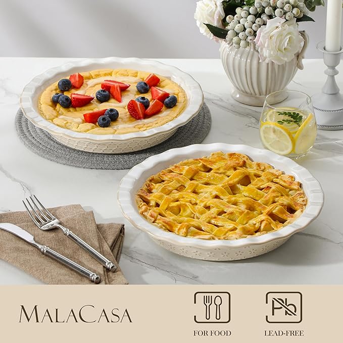 MALACASA 9 Inch Pie Pan Set of 2, 45 OZ Ceramic Quiche Baking Dish
