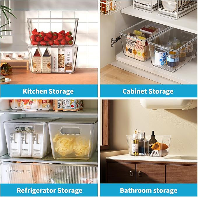 Clear Stackable Fridge Organizer with Lids, 4 Pack Large 11.5×7.5×6 Inch
