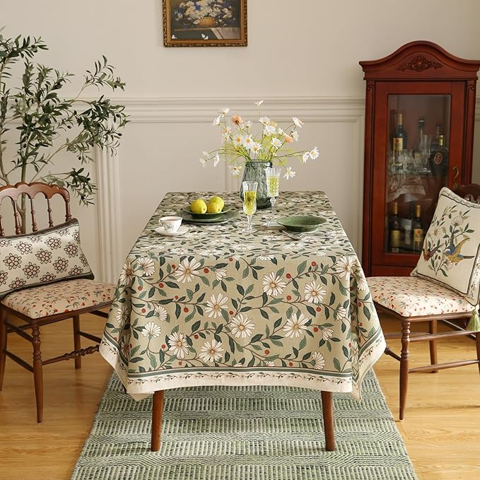 ISAENNE Designer Vintage Linen Green Rectangular Tablecloth,71"x55"-Brune