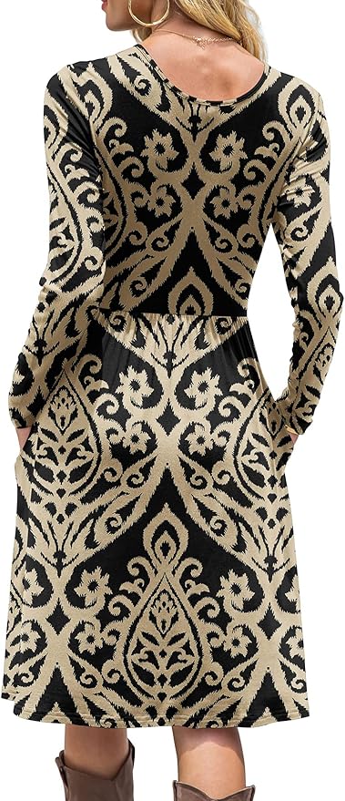DB MOON Women Casual Long Sleeve Dresses Empire Waist Knee Length Loose Dress with Pockets (Black and Gold, M)