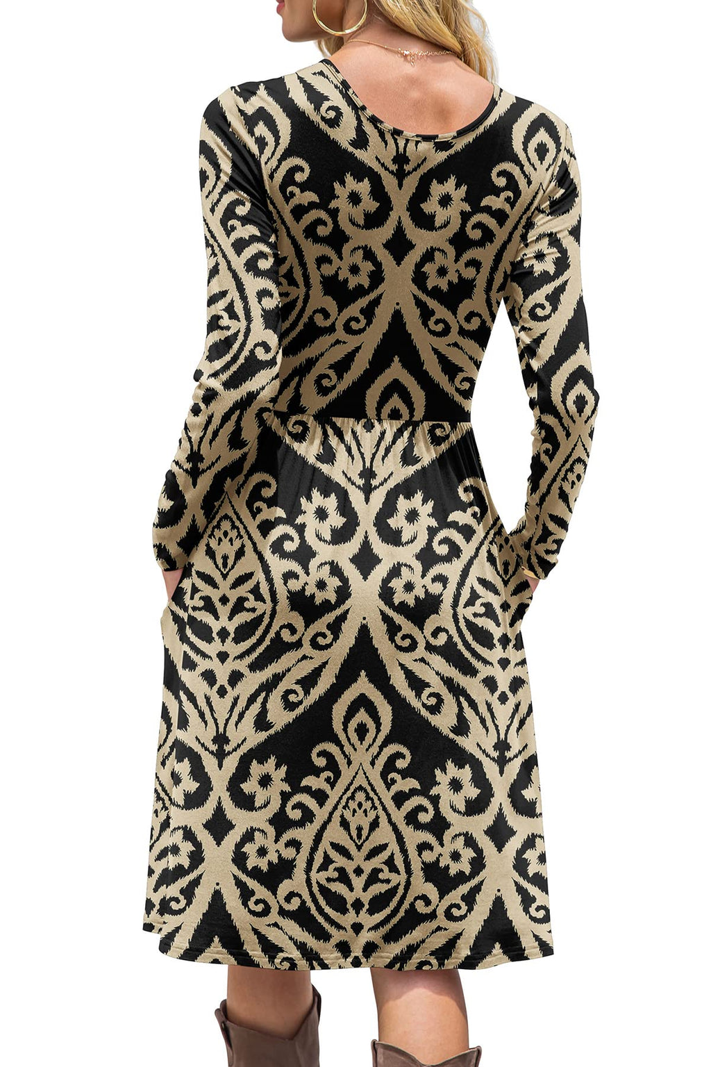 DB MOON Women Casual Long Sleeve Dresses Empire Waist Knee Length Loose Dress with Pockets (Black and Gold, 2XL)