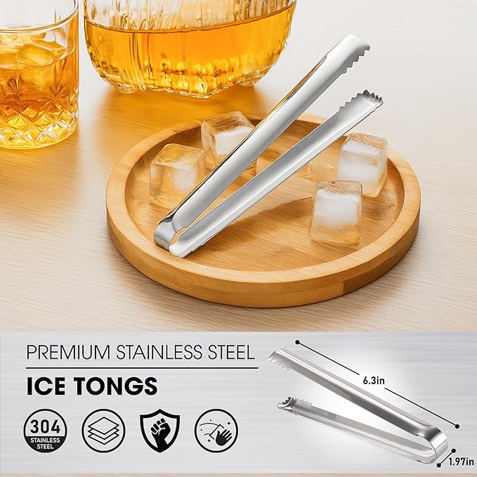 DUGATO Cocktail Ice Tongs 6.3 in, Stainless Steel with Grip Teeth, 2-Pack