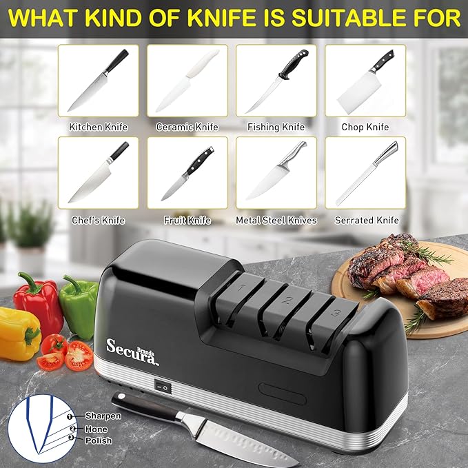 Secura 3-Stage Electric Knife Sharpener with Diamond Abrasives and Precision Angle Guides, Professional Sharpening Tool for Kitchen Straight Edge and Ceramic Knife, Black