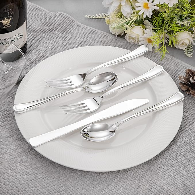 Liacere 100 Pack Silver Plastic Silverware-Pre Wrapped cutlery and Napkin-Pre Rolled Silverware Disposable 100 Forks, 100 Knives 100 Spoons, 100 Napkins Plastic Utensils＆Wedding