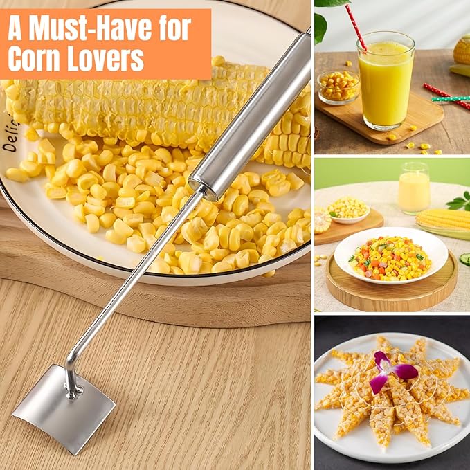 2 Pack Corn Peeler for Corn on the Cob, Stainless Steel Corn Cob Stripper Tool Long Handle Efficient Cob Remover Sweet Corn Cutter Removing Kernels for Home, Kitchens, Restaurant Chefs, Soups, Salads