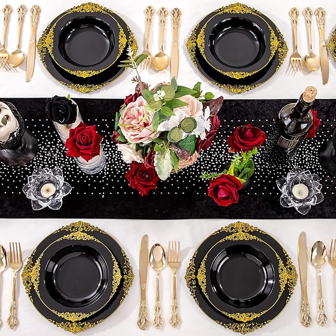 Joyido 100PCS Black Plastic Bowls - 12 oz Black Gold Disposable Salad Bowls - Heavy Duty Soup Serving Bowl - Fancy Plastic Candy Bowl for Weddings, Parties, Dinners, Catering, Picnics