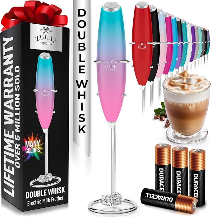 Zulay Kitchen Powerful Milk Frother Wand With Duracell Batteries - Ultra Fast Handheld Drink Mixer - Electric Whisk Foam Maker for Coffee, Lattes, Cappuccino & Matcha - Double Whisk - Bubblegum