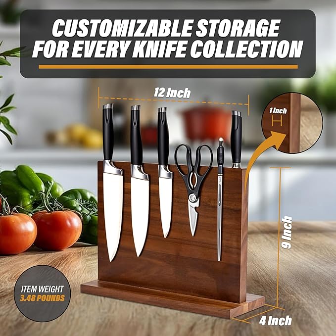 YelloIris Wooden Magnetic Knife Holder - Dual - Sided Stand with Enhanced Magnets for Multifunctional Kitchen Knife Storage - Stylish, Durable, and Strong (Knives Not Included) - 12" x 9" - 3.48 lbs