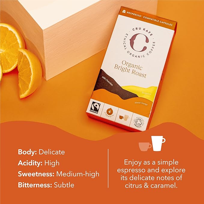 Cru Kafe Bright Roast USDA Organic Espresso Coffee Capsules (10 Pods) Fairtrade Coffee Pods Compatible with Nespresso Original Line and Pixie Machines
