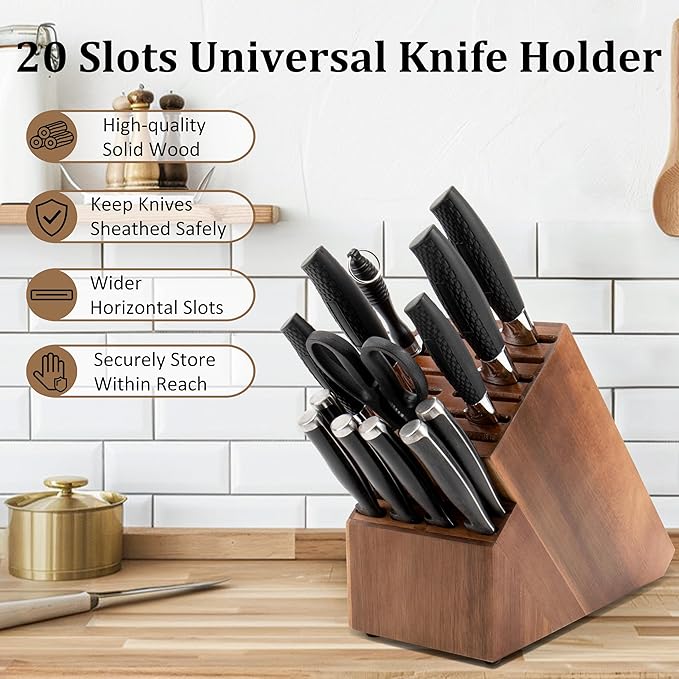 Knife Block for Kitchen Countertop - 20 Slot Universal Knife Holder with Acacia Wood, Large Knife Storage Organizer for Butcher Block, Knife Block Storage without Knives, Easy for Knife set