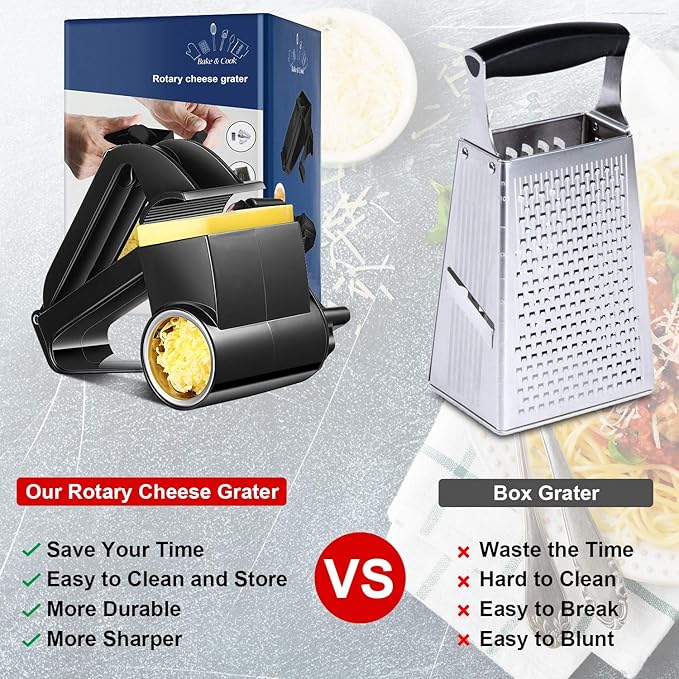 Boao Rotary Cheese Grater Manual Handheld Cheese Grater with Stainless Steel Drum for Grating Hard Chocolate Nuts Kitchen Tool(Black,1 Drum)