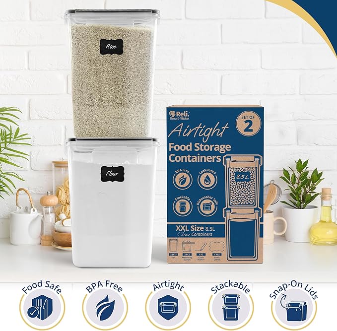 Reli. Airtight Food Storage Containers Stackable 8.5L Flour Sugar (2 Pack)