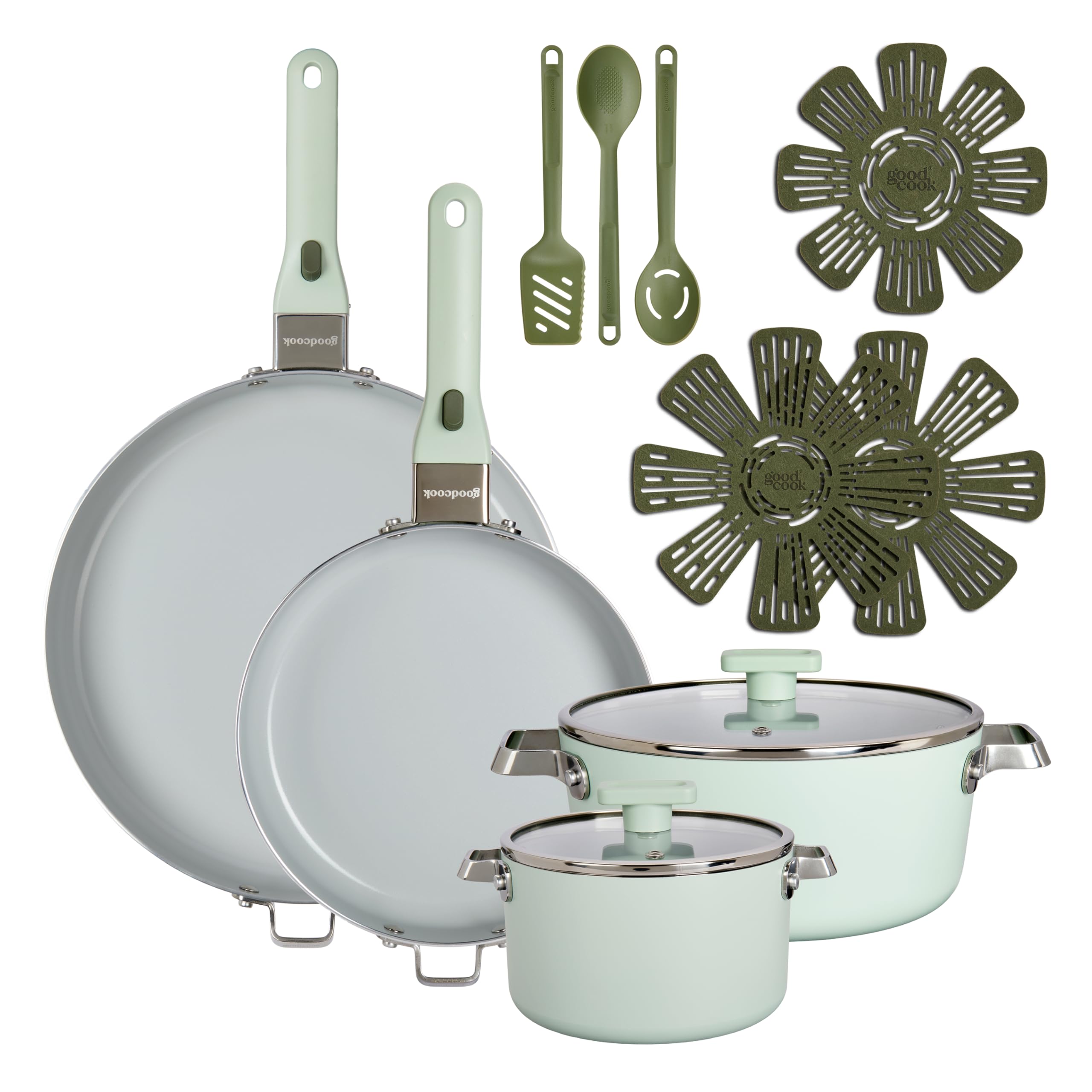GoodCook Ceramic Cookware Set 14-Piece with Removable Handles, Nonstick Pots & Pans, Induction & Oven Safe, Sage Green