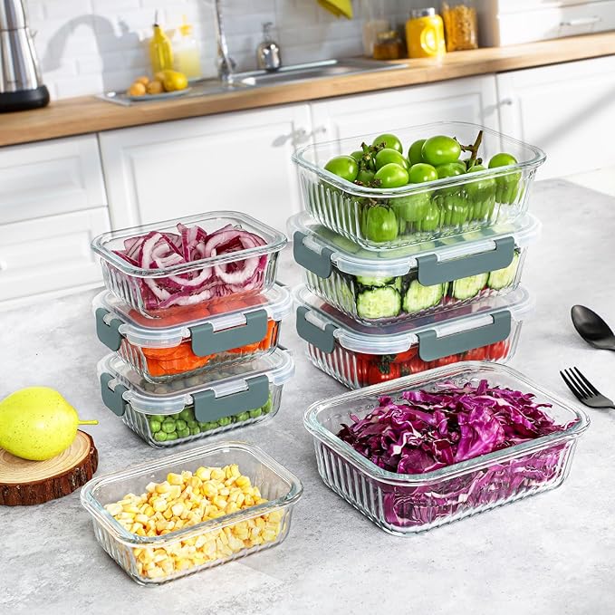 KOMUEE 10 Packs Glass Meal Prep Containers with Lids, Glass Food Storage Containers Set, Airtight Lunch Containers, Microwave, Oven, Freezer and Dishwasher Safe
