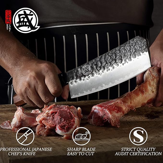 MITSUMOTO SAKARI 7-Inch Japanese Meat Cleaver Knife, 3-layer 9Cr18MoV