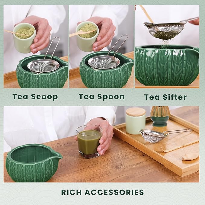 RANERANE 6-Piece Matcha Set, Matcha Whisk (Chasen) & Holder, Matcha Bowl with Spout, Sifter & Spoon, Bamboo & Ceramic, Dark Green