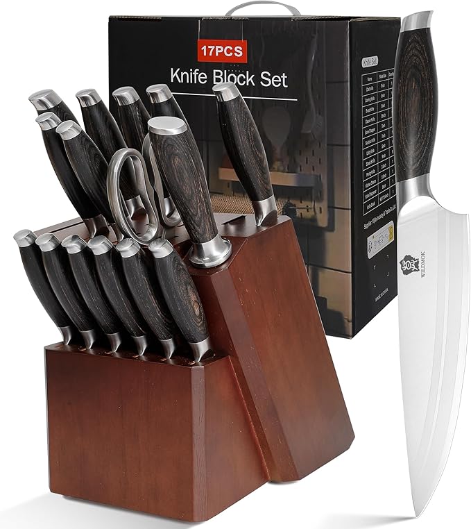 WILDMOK Kichen Knife Block Set, 17-piece Knife Set with Wooden Block German Steel Kitchen Knives Sets with Bone Chopper, Gift Box