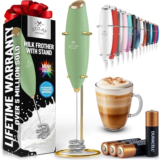 Zulay Kitchen Powerful Milk Frother Wand With Duracell Batteries - Ultra Fast Handheld Drink Mixer - Electric Whisk Foam Maker for Coffee, Lattes, Cappuccino & Matcha - Triple Whisk - Olive Gold