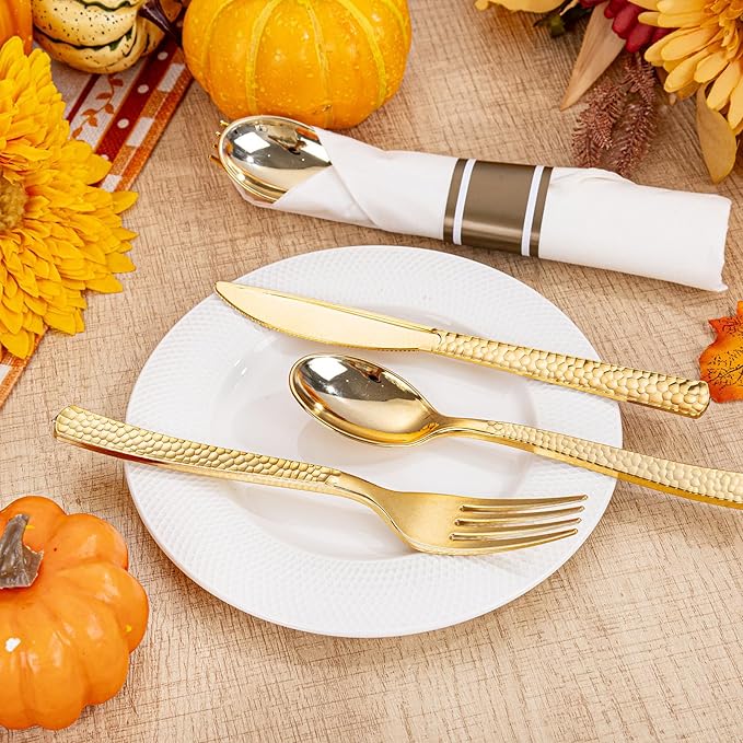 WELLIFE 100 Pack Gold Plastic Silverware, Pre Rolled Silverware Set Disposable,Plastic Cutlery Includes: 100 Forks, 100 Knives, 100 Spoons, 100 Napkins, Cutlery Set Disposable for Party