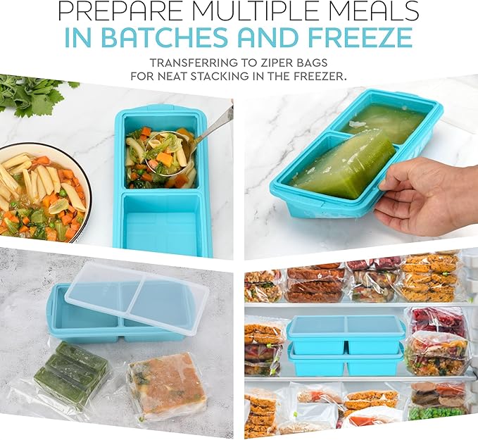 XOMOO Silicone Freezer Tray With Lid-Soup Freezer Container molds-2-cup Extra Large Ice Cube Tray-makes 4 perfect 500ml portions cubes, For freezing soup,stews,sauces.Oven&Dishwasher-Safe(2-Pack)