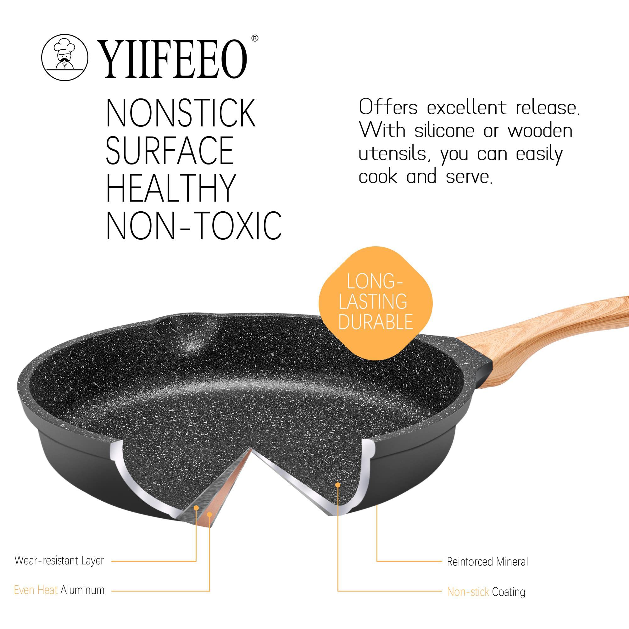 YIIFEEO Non Stick Frying Pan Set with Lids, Granite Skillet Set, Egg Omelette Pans for Cooking Pan Set, No Toxic Kitchen Cookware Set Compatible with All Stovetops (Gas & Induction), PFOA Free, Gift